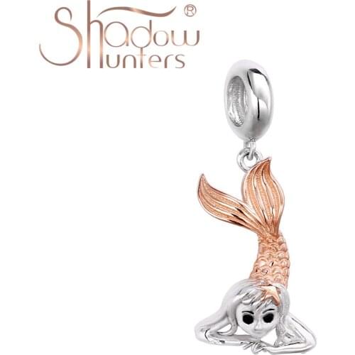 SHADOWHUNTERS Original 925 Sterling Silver DIY Jewelry Miss Mermaid Dangle Charms WIth Pink Tail For Ladys Gift Women Jewelry