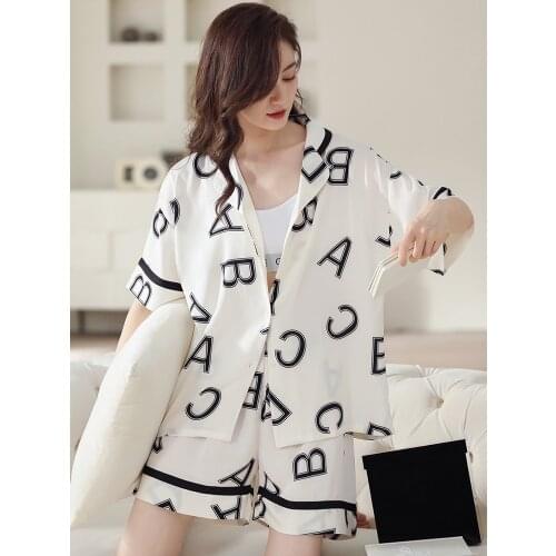 Ice-Silk Satin Pajama For Women Summer Sleepwear Homeclothes Letter Pyjama 2 Piece Set Nightwear Short Satin Pijama Femme Verano