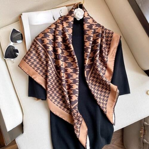 High Quality Silk Square Scarf Women Hijab Shawls and Wraps Plaid Printed Neckerchief Pashmina Head Neck Scarves Summer New