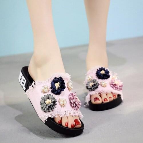 Flat women slippers tassel denim flowers sandals open toe comfort anti-skid slides camellias pearl decorate slip on slippers