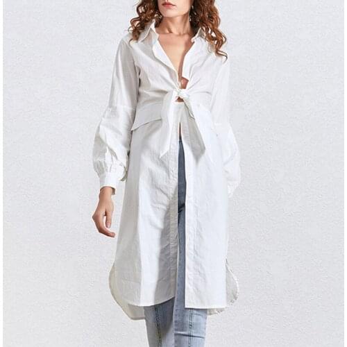 Europe Style Sexy Shirt Dress 2021 Spring New Women White Lantern Sleeve Irregular Long Dress Sexy Deep V Neck Lace Up Bow Dress