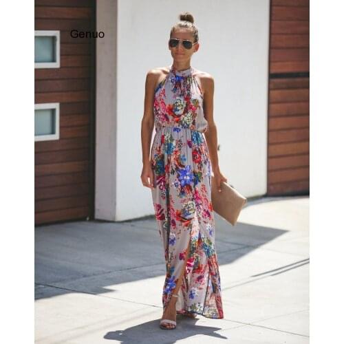 Halter Style Casual Loose Female Summer Floral Dress Boho Long Maxi Holiday Party Sleeveless Dress Clothes
