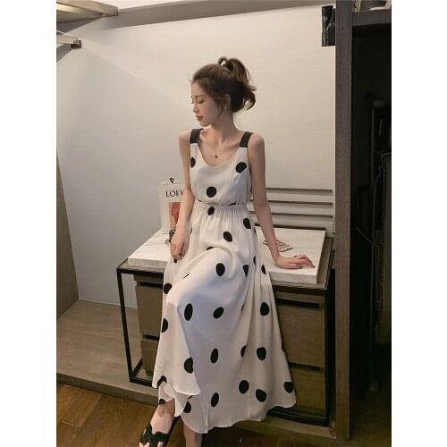 Neatie kiddie Dot Print Dress Elegant High Street Women Long A-line Dresses Sexy Backless Sleeveless Bow Tie Strap Dress
