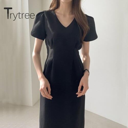 Trytree Summer Women Casual Dress V-neck Solid 2 Color High Waist Fashion A-line Elegant Temperament Mid-Calf Office Lady Dress