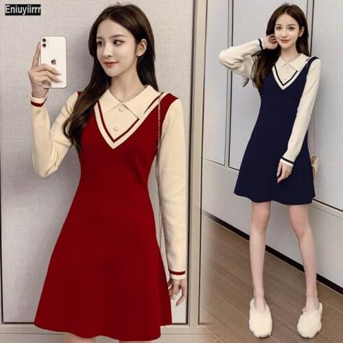 Women Winter Patchwork Cute Sweet Christmas Red Little Black Knitted Sweater Dress