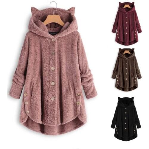 Winter Plush Warm Jacket Women Casual Casual Fur Solid Coat Ladies Button Plus Size Overcoats Rabbit Hat Cute Teddy Outwear 2021