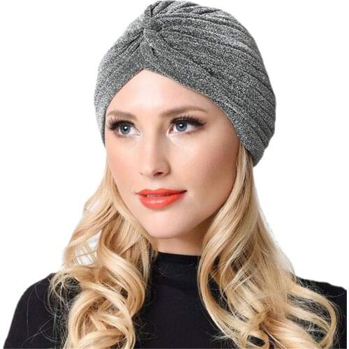 2020 Elastic Women Bright Silk Turban Hijab Cap Muslim Glitter Knot Twist Headwrap Bonnet Ladies Hair Loss Chemo India Cap