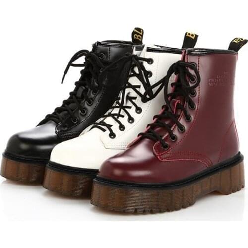 Platform Leather Boots For Women Martin Boots Autumn Winter Shoes Female Warm Ankle Boots Black White Botas Plataforma Mujer