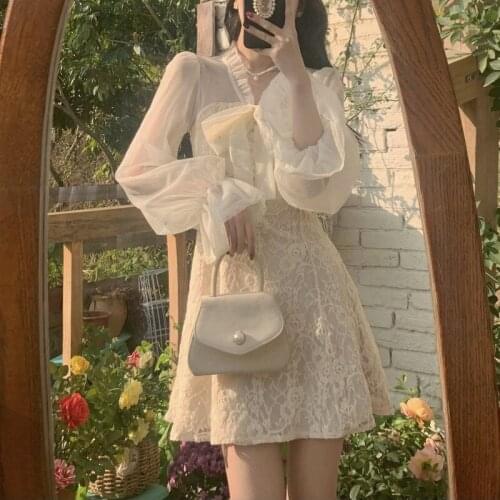 French Vintage Fairy Dress Women Elegant Lace Korean Party Mini Dress Female Flare Sleeve Princess Fall Clothes for Women 2021