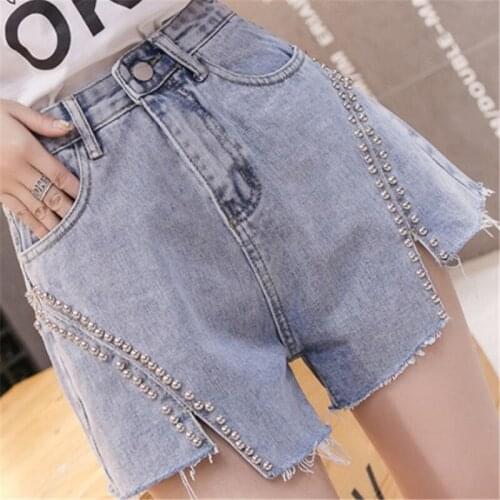 Hot Promotion 2020 New Asymmetrical Jeans Female Personality Rivet Raw Wide-leg Shorts Heavy Industry Beaded Women Shorts