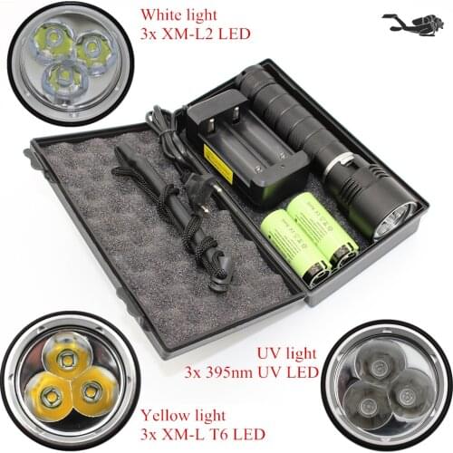 L2/T6/UV LED Diving Flashlight Underwater Flashlight White/Yellow/UV Light Waterproof Hunting Lamp +26650 Battery +Charger +Box