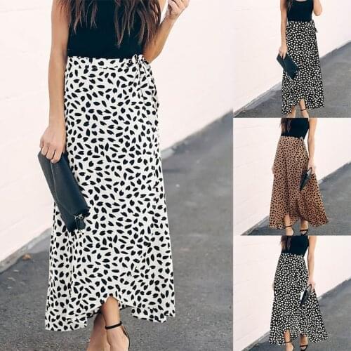 Summer Skirt Women Polka Dot Print Long Maxi Fashion Split High Waist A-Line Knee Length Sun Wrap Skirt Female