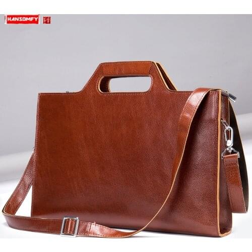 Pure cowhide Leather Men Briefcase Business 14 inch Laptop bag pocket Handbag retro portable briefcase shoulder messenger bags