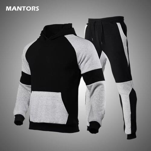 2021 Men Two Piece Set Autumn Winter Fleece Mens Tracksuit Set Patchwork Hoodie Pants Sweatsuit Casual Pullovers MenTrack Suit