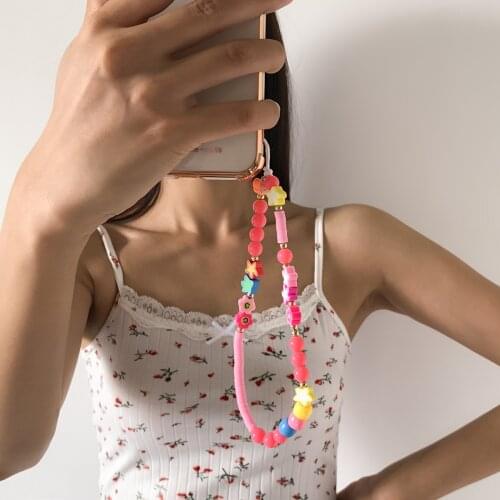2021 New Ins Trendy Colorful Smiling Beads Chain Mobile Phone Chain Anti-lost Handmade Charm Acrylic Cord Lanyard for Women