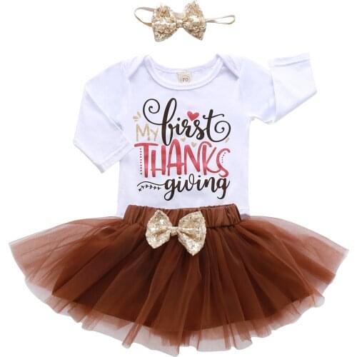 Newborn Baby Girls Thanksgiving Outfits Letter Printed Romper Top + Layer Mesh Skirt + Bowknot Headband Toddler Festival Set