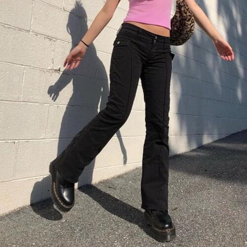 Autumn 90s Fashion Black Trousers Slim Low Waist Flare Pants Indie Aesthetics E-girl Vintage Pockets Solid Y2K Pants