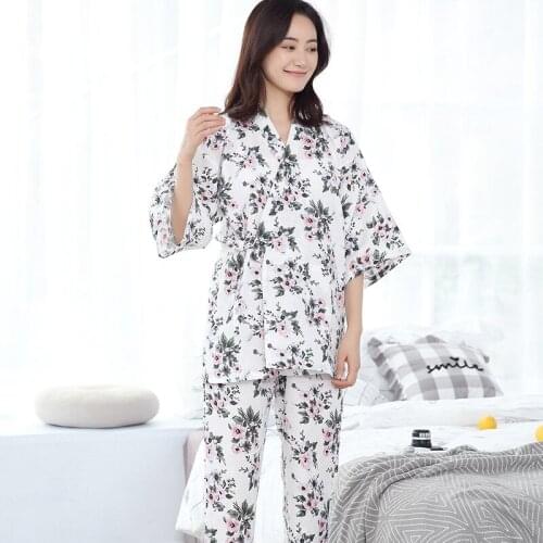 100% Cotton Kimono Pajama Japanese Womens Gauze Thin Pijama Mujer V-Neck Women Pajamas Set Three Quarter Pyjamas Home Clothes