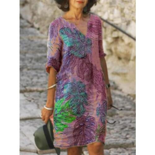 V-neck Mid-sleeve Casual Printed Dress Casual Ladies Beach Dress Loose V Neck Printing A Line Clothing