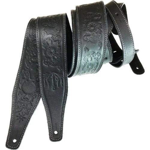 New 100% Pure Leather Embossed Guitar Strap Black Pure Leather Guitar Strap Musical Instrument Strap