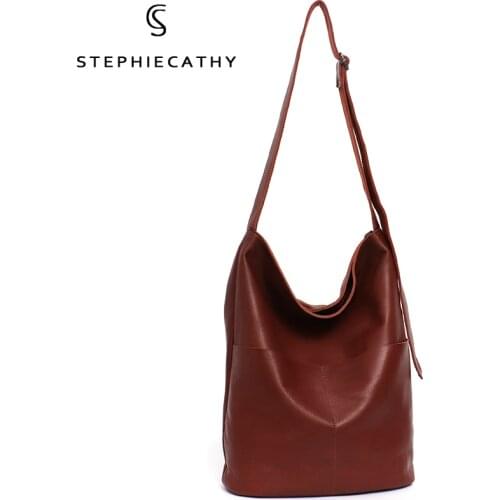 SC Women Large Leather Crossbody Bag Ladies Vintage Hobo Handbag Soft Genuine Leather Shoulder Bag Femal Casual Bucket Messenger