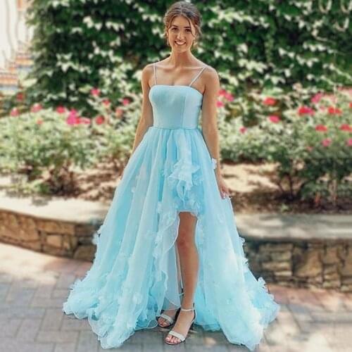Chic High Low Sky Blue Prom Dresses Spaghetti Straps 3D Floral Applqiues A-Line Graduation Evening Formal Party Gowns