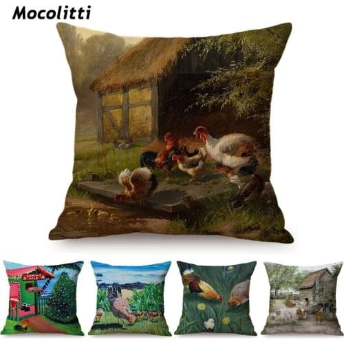 Nordic Farm Animal Chicken Rooster Oil Painting Art Decorative Throw Pillow Cover Cute Chick Baby Print Sofa Chair Cushion Cover