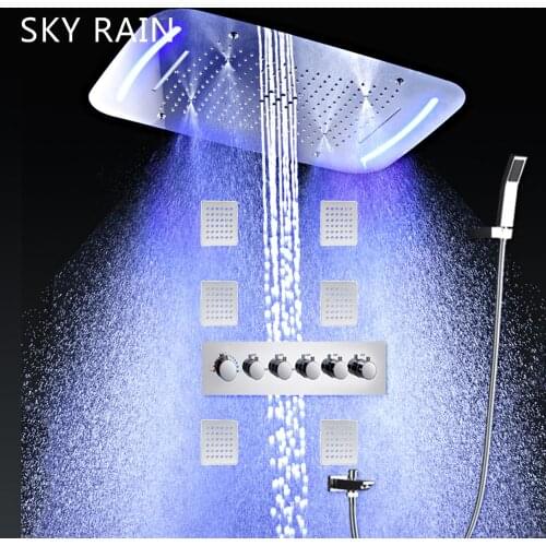 SKY RAIN Bathroom Accessories Luxury Style Thermostatic Mixer Valve Large LED Shower Faucet Multi Function Shower Set With Jets