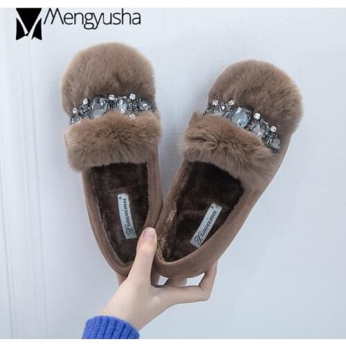 Rhinestone glitter plush moccasins women real rabbit fur brand flats loafers crystal decorate furry creepers ladies espadrilles