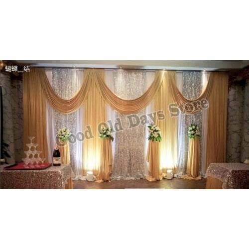 Wedding Backdrop with gold swags and silver sequin Wedding Stage Decor