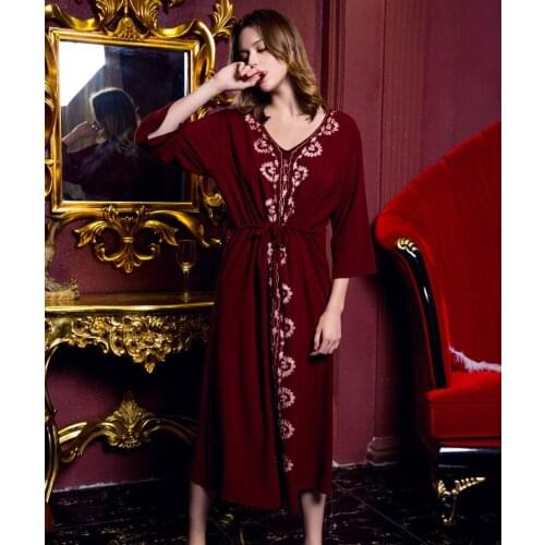 Spring And Autumn Female 100% Soft V-Neck Embroidery Cotton Korean Version Night Dress Tourism Holiday Lounge Beach Skirt