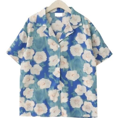 Vintage Fashion 2021 Summer Women Short Sleeve Turn-Down Collar Floral Painting Print Casual Chiffon Blouse Shirts
