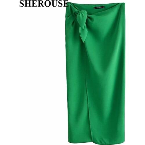 SHEROUSE Fashion Women Skirt with Knot Vintage High-waist slit Elegant Chic Lady Wrapped Style Woman Midi Long skirts jupe
