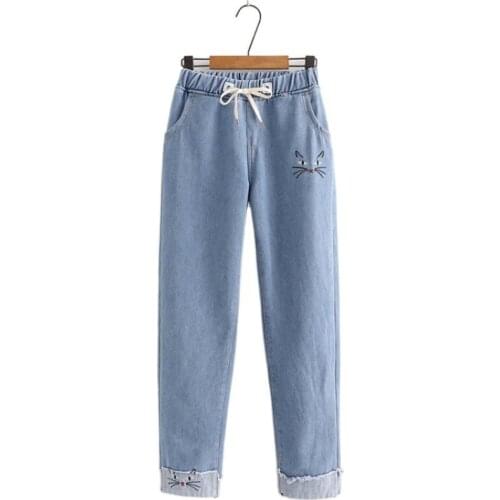 Jeans For Women Fleece Cartoon Cat Embroidery Warm 2020 Winter Plus Velvet Straight Denim Pants Elastic Waist Pocket Trousers