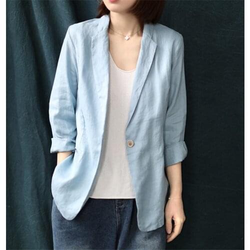 Korean Casual Simple Temperament Loose Linen Small Suit Jacket Female Three Quarter Sleeves 2021 Spring Summer Blazer Tops zh91