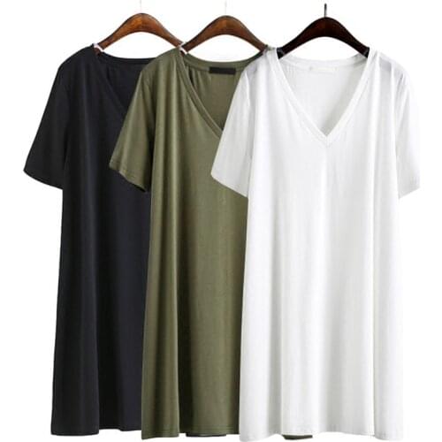 Oversized Loose Modal Women Dress Summer Vintage 2021 Long Solid V-Neck Short-Sleeved Female Pulls Outwear Tops Tees