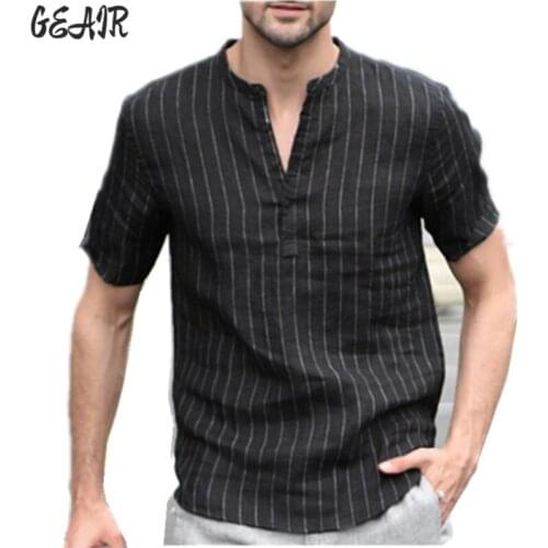 White Black Linen Cotton Striped Short-sleeved T-shirt Mens Fashion Casual Sweetshirts Stand-up V-neck Collar Pullover Shirt
