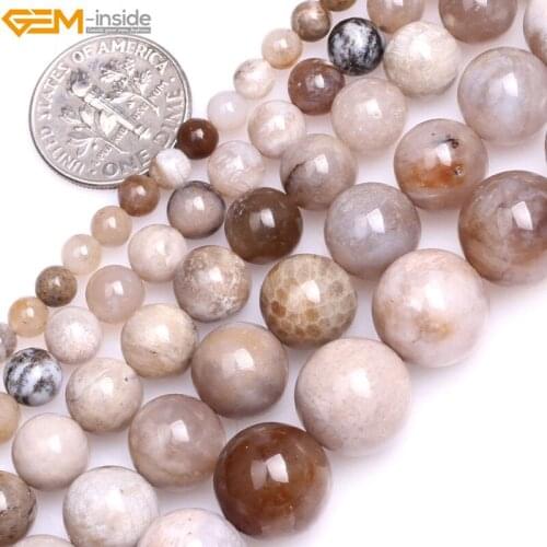 Gem-inside 4mm-12mm Natural Round Gray Ocean Fossil Agate Stone Beads for Jewelry Making 15inches DIY Christmas Jewellery