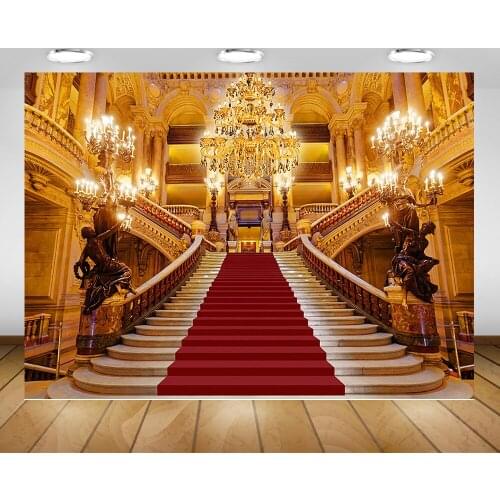 Photography Background Cartoon Golden Palace Backdrop Red Carpet Wedding Birthday Retro Buildings Background for Photo Studio