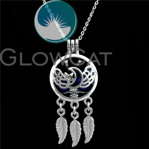 K760 Dream Catcher Moon Star Wings Beads Cage Perfume Diffuser Aroma Oyster Pearl Cage Locket Necklace Kids Girl Friend Gift