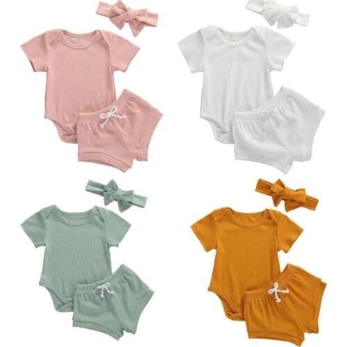 0-18M Newborn Toddler Baby Girls Boys Clothes Sets Solid Color Short Sleeve Romper Tops+Shorts Trousers 3Pcs Ribbed Set 4 Colors