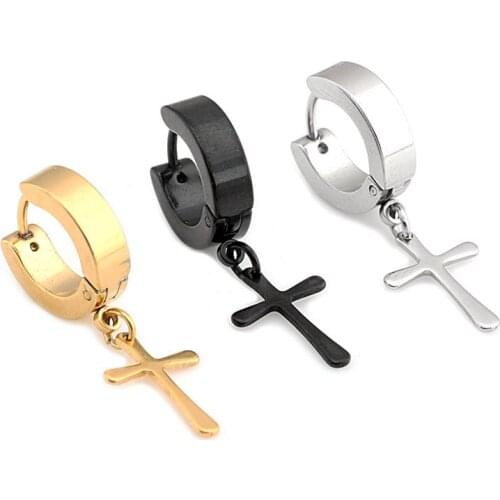 Fashion Men Women Cross Earrings Color Gold Black Color Titanium Steel Cross Pendiente Small Hoop Huggie Earrings Jewelry