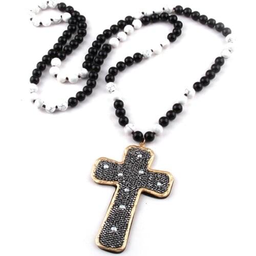 MOODPC Fashion Bohemian Tribal Jewelry 108 Beads Multi Stone Knotted Cross Pendant Necklace Wome Yoga Necklace
