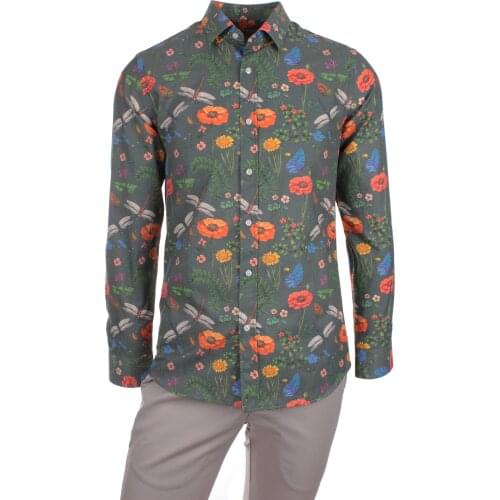 Gentilbay Mens Dragonfly Flowers Printed Blue Slimfit Long-Sleeve Sport Shirt DPD151