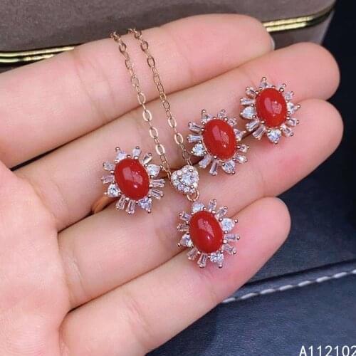 KJJEAXCMY fine Jewelry 925 sterling silver inlaid natural red coral new girl luxury pendant ring earring set support test