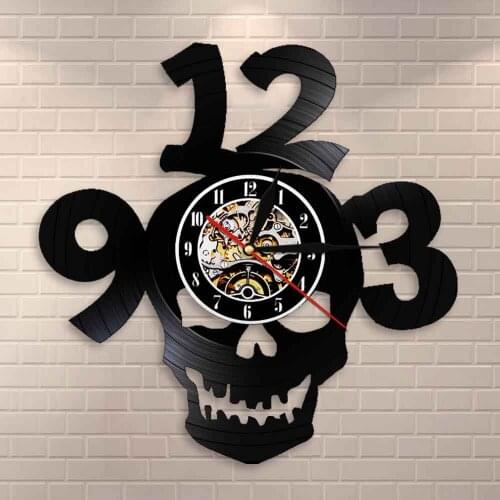 Halloween Horror Skull Decoration Devil Demon Skull Head Wall Clock Modern Design Big Numbers Vintage Vinyl Record Wall Clock