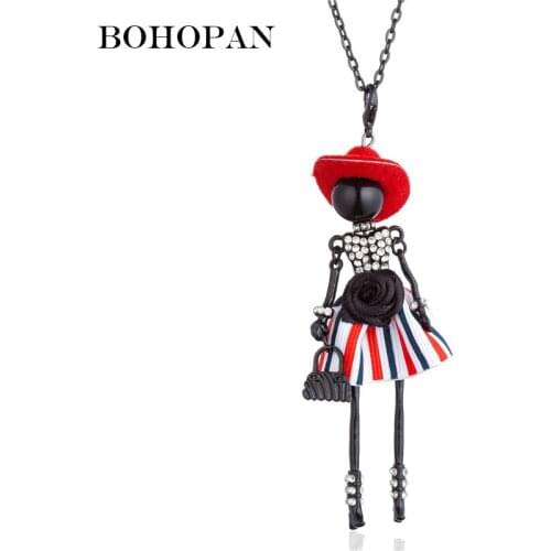 Black Alloy Doll Necklace Women Red Hat Flower Stripe Skirt statement Necklace Long Chain Charm Jewelry Party Gift Bijoux femme