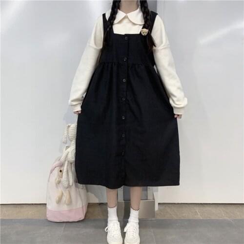 Sweet Harajuku Lolita Dress Women Japanese Style Sleeveless Black Midi Sundress Soft Girl Kawaii Single-Breasted Sashes Dresses