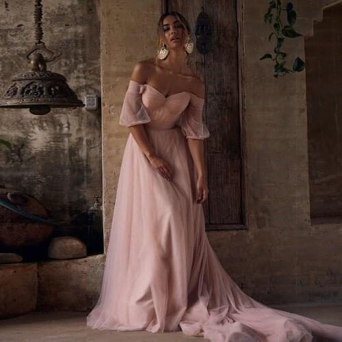 Pink Wedding Dresses Boho Beach Bride Dress 2021 Off Shoulder Vintage Cheap Wedding Gowns with Short Sleeve Plus Size Vestidos