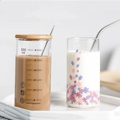 Coffee Tea Milk Glass Cup Scale Japanese style Heat-resistant Animals Cartoon Glass Cups for Hot Cold Drinks Tea Cup Lid straws